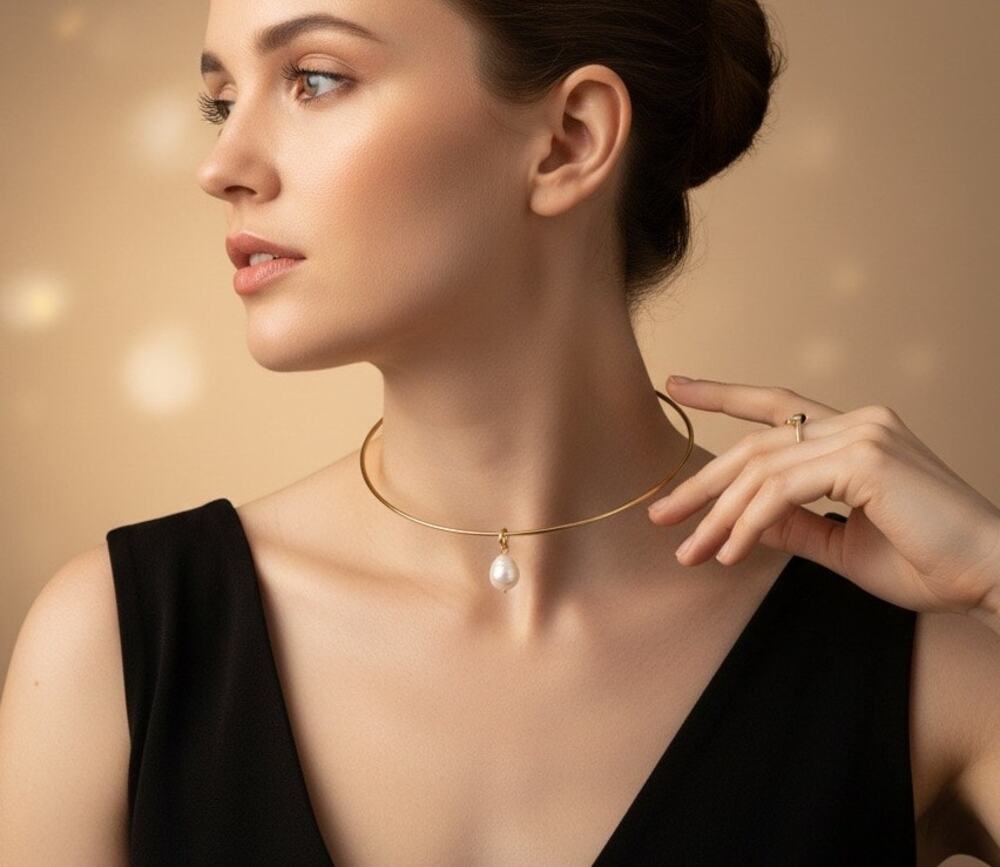 Madewell Crystal Tear Drop Pearl Wire Choker Necklace Antique Gold NWT